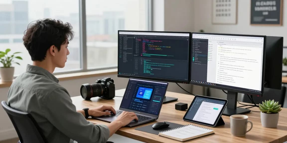 WPS Official Website viewed in a modern tech workspace, featuring coding tools and software design elements.