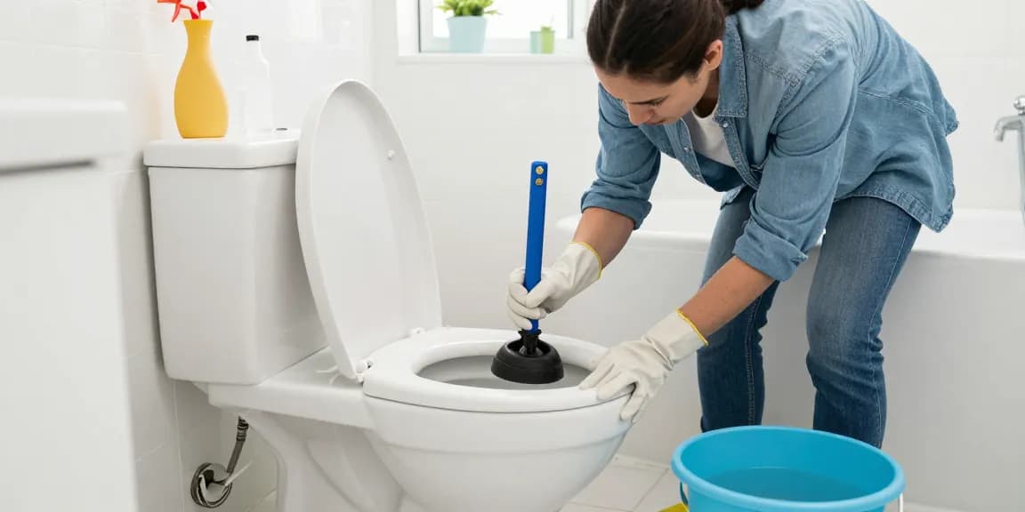 Gerusteloze eigenaar inspecteert verstopte wc met hulpmiddelen in een heldere badkamer.