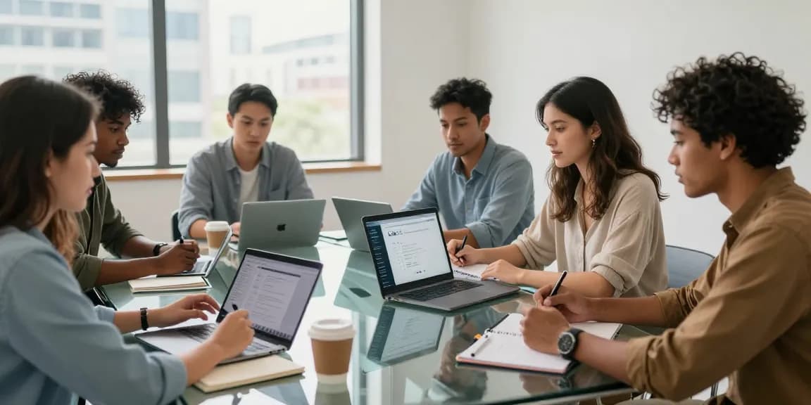 Team collaborating to build internal tools with AI in a modern office.