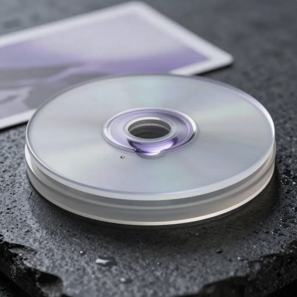 Macro van frosted disc, acrylspacers en wrap band op natte donkere steen met violet glans.
