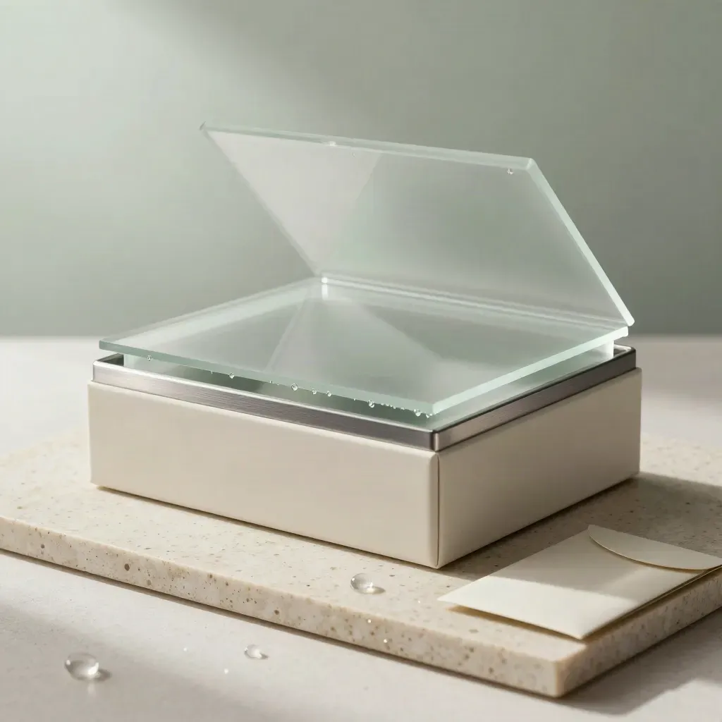 Matte-crèmekleurige box voor logoanimatie met frosted frames, metalen ring en ochtendmist.
