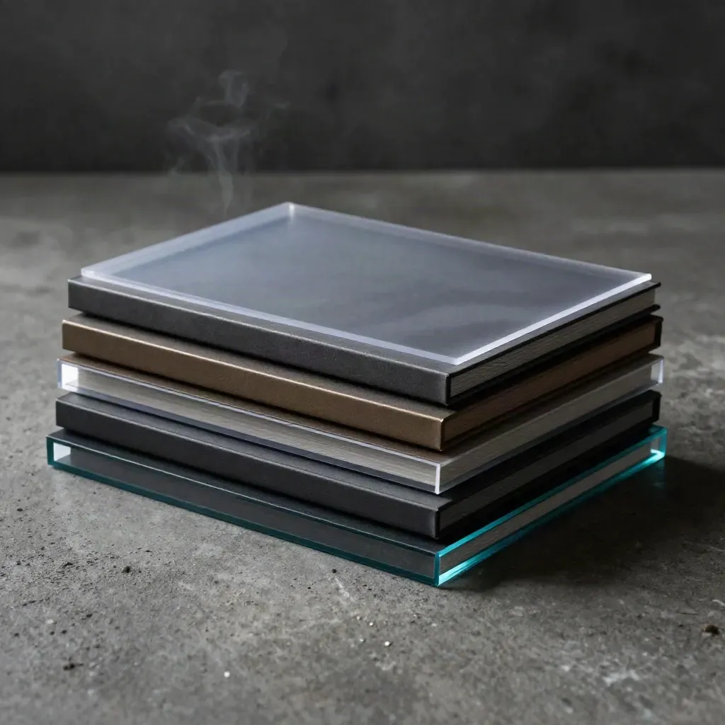 Modulaire campagnevisuals op donker beton met cyanlicht en stof in een dramatische studio-opname.