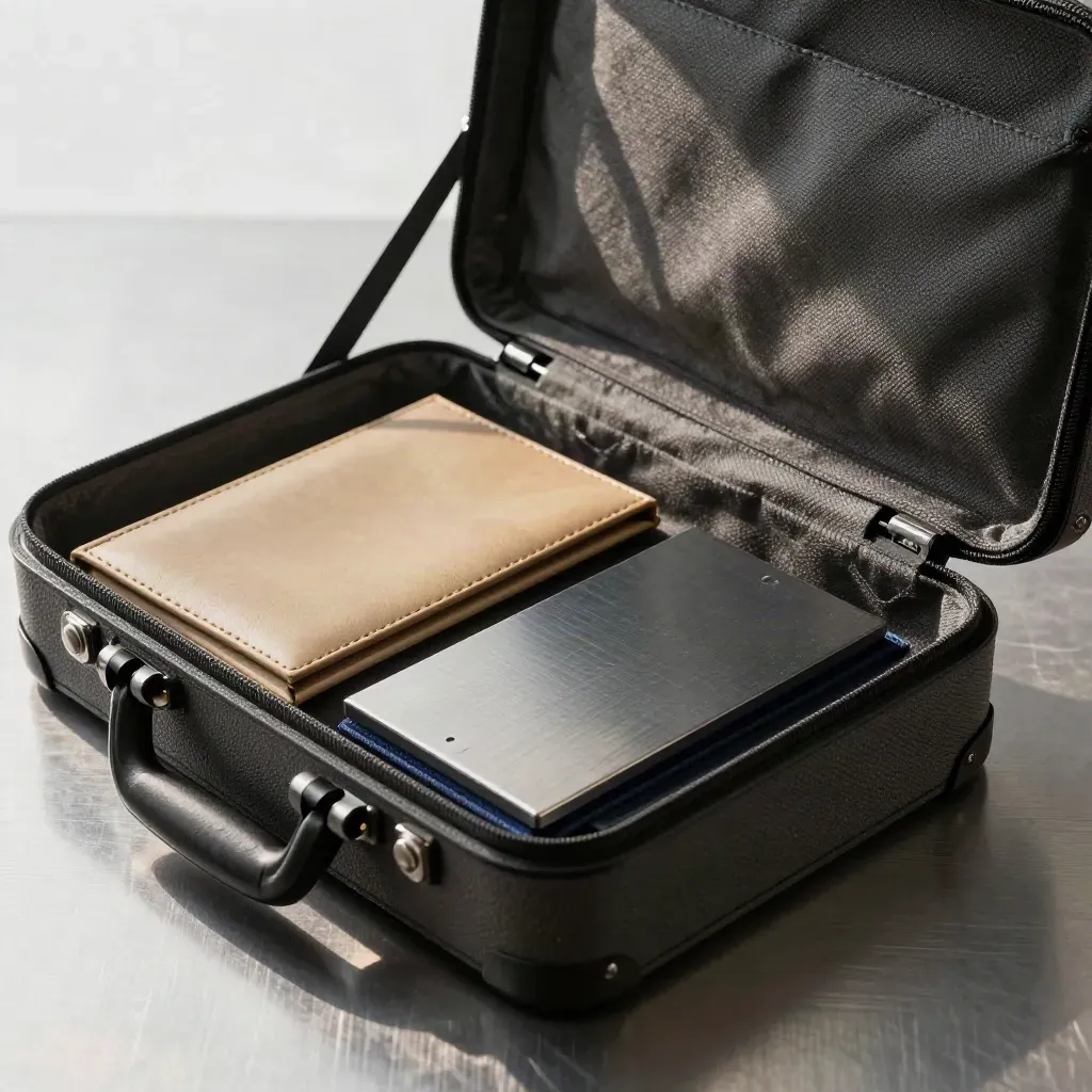 Halfgeopende kit voor merkvideo op geborsteld staal met sleeves en slate plaat.