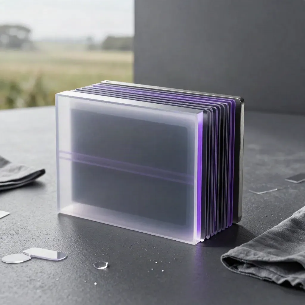 Glanzende transparante box met framekaarten en violet licht op grafiet.
