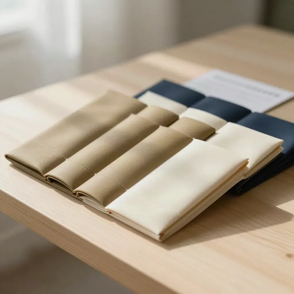 Vijf compacte sleeves en een proofstrip op een lichte houten bank in zacht studiolicht.