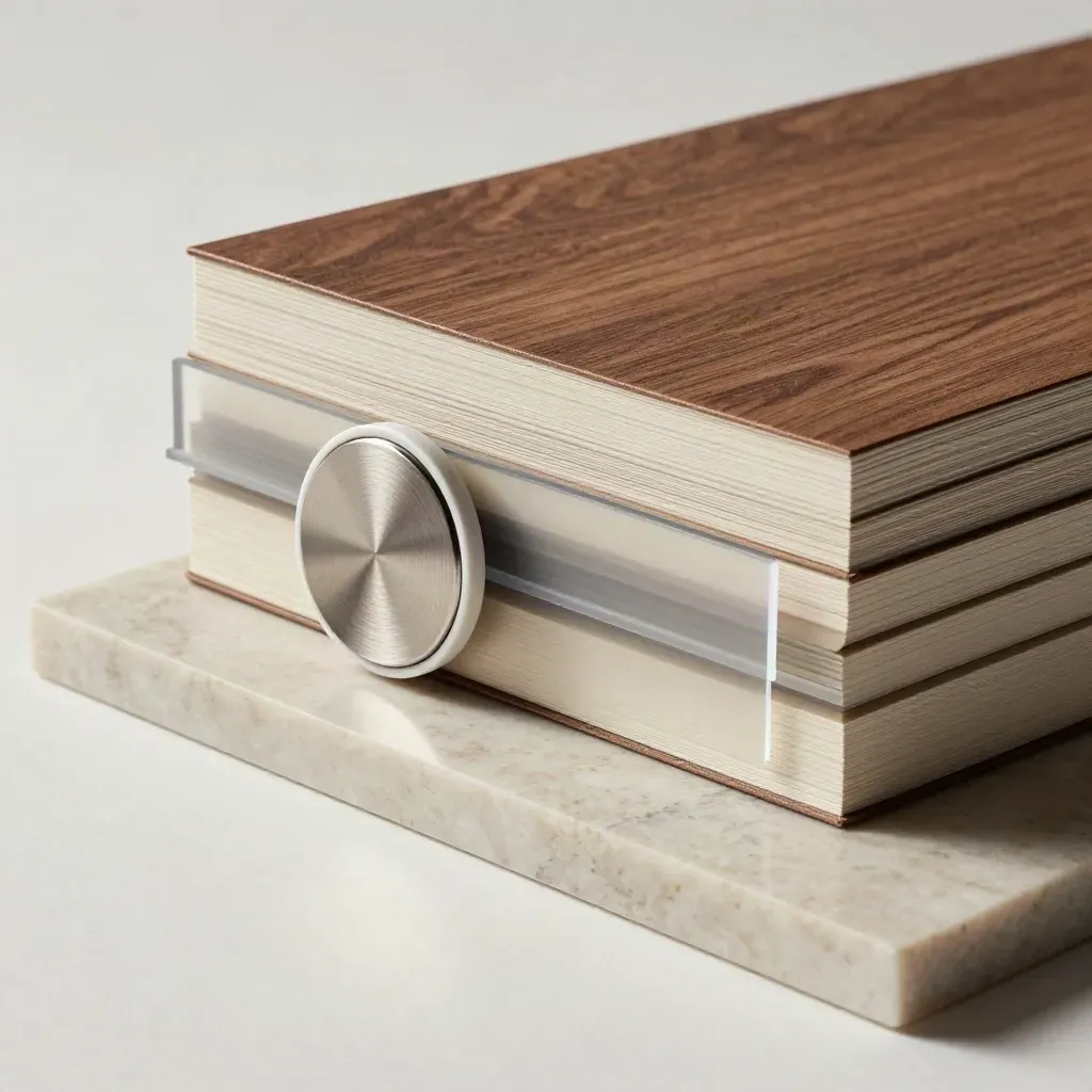 Macrobeeld van matte sleeves, metalen token en transparante gidsplaten op kalksteen.