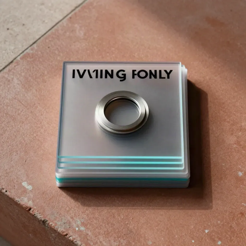 Flatlay van transparante titelkaarten, metalen spacer ring en spine op terracotta beton.