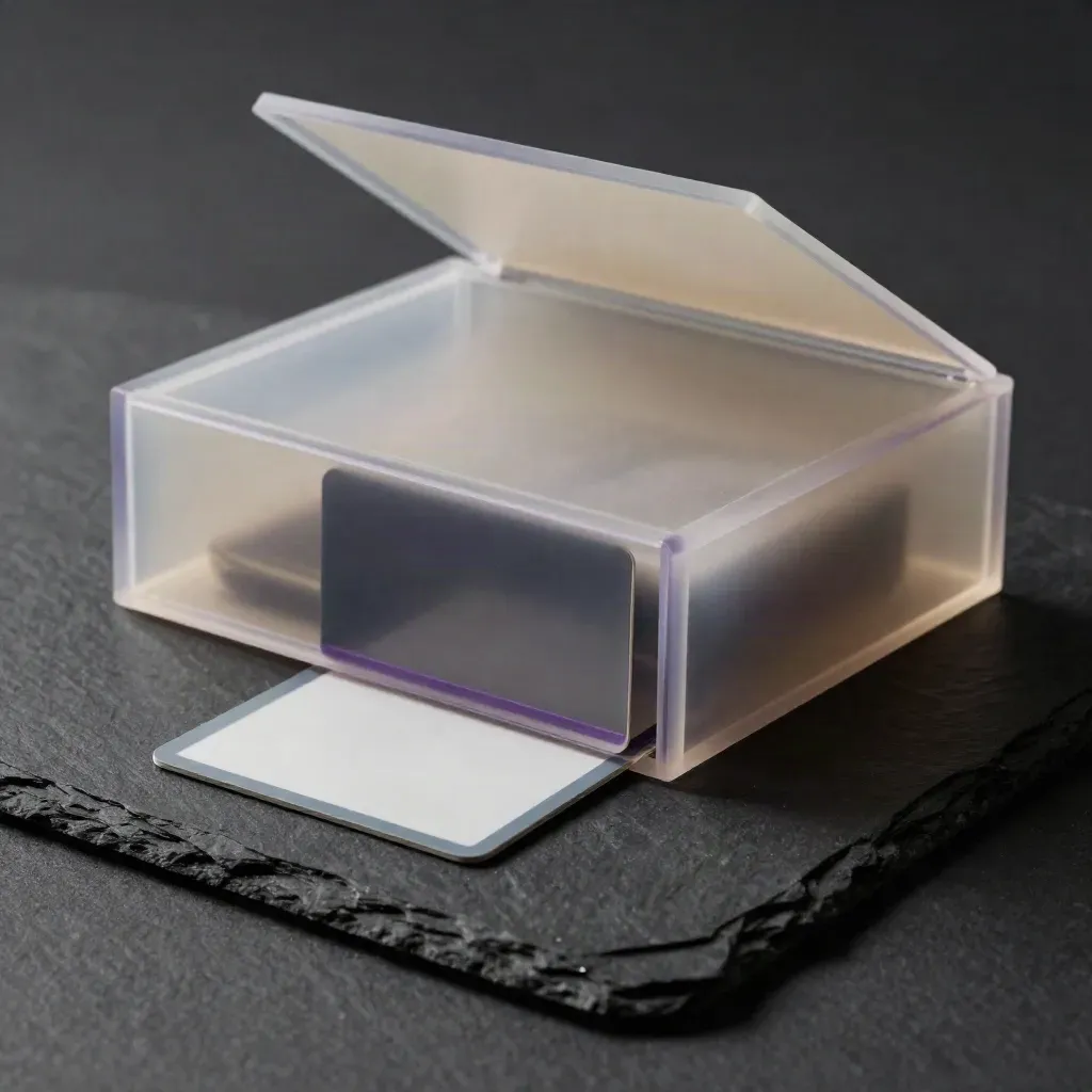 Transparante archiefbox voor merkfilm op donkere slate, met violette lichtlijn en losse kaarten.