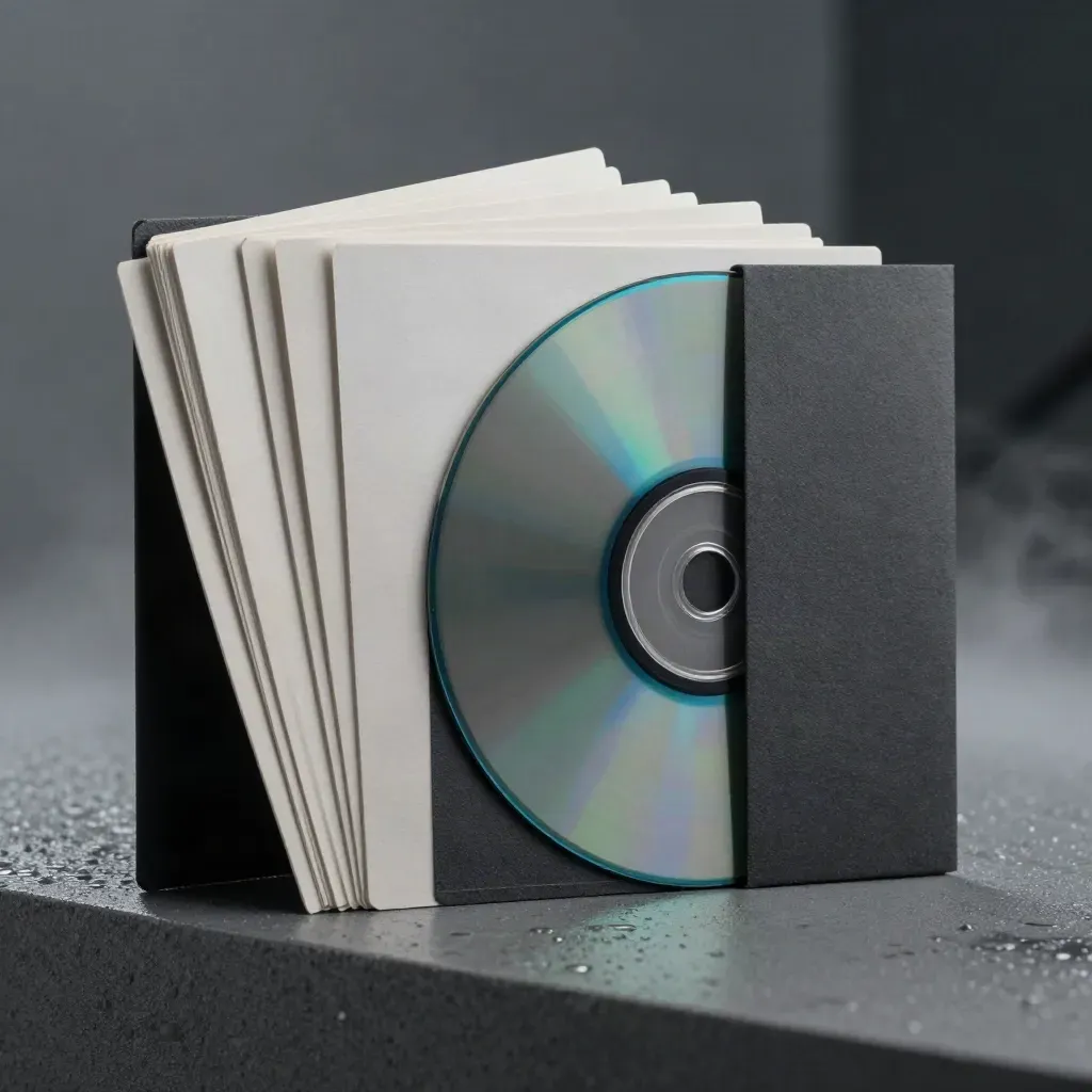 Previewkaarten, een smalle sleeve en een glanzende schijf op nat grafiet in koel cyan dramalicht.