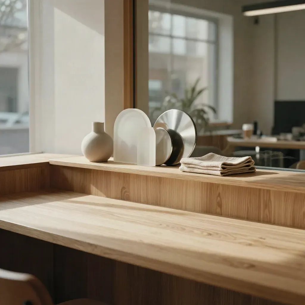 Sunlit startup-loft met eiken blad, glazen wand en keramische objecten in zacht licht.