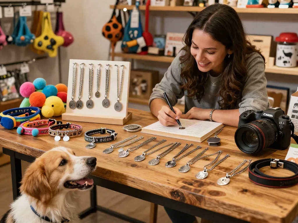 Gepersonaliseerde hondenpenning RVS op houten tafel in huiselijke winkelomgeving.